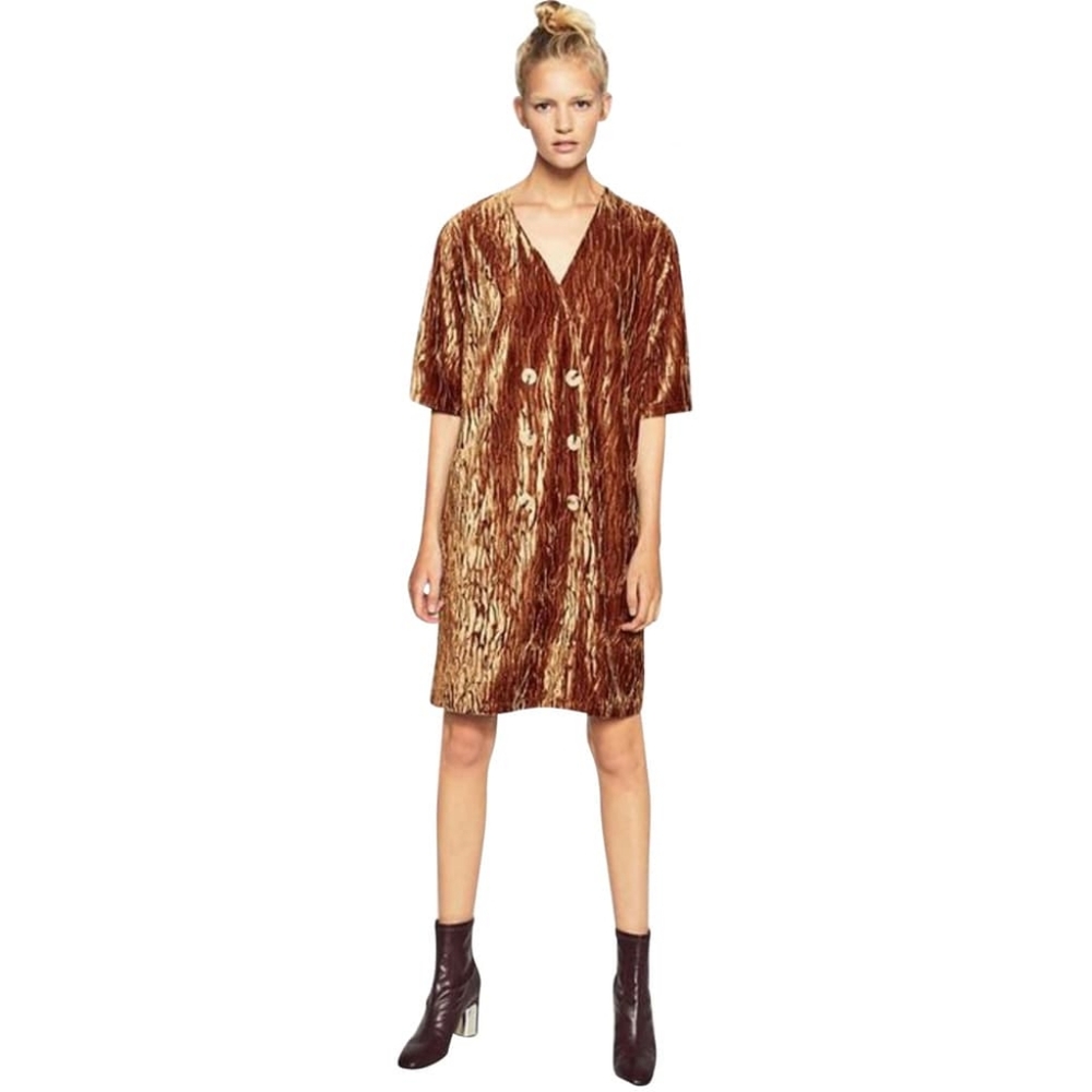 Zara Trafaluc textured crushed velvet turtle button shift dress 70s size small